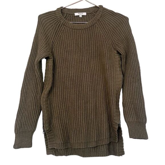Madewell Ribbed Army Green Crewneck Zipper Hem Sweater - Picture 1 of 7